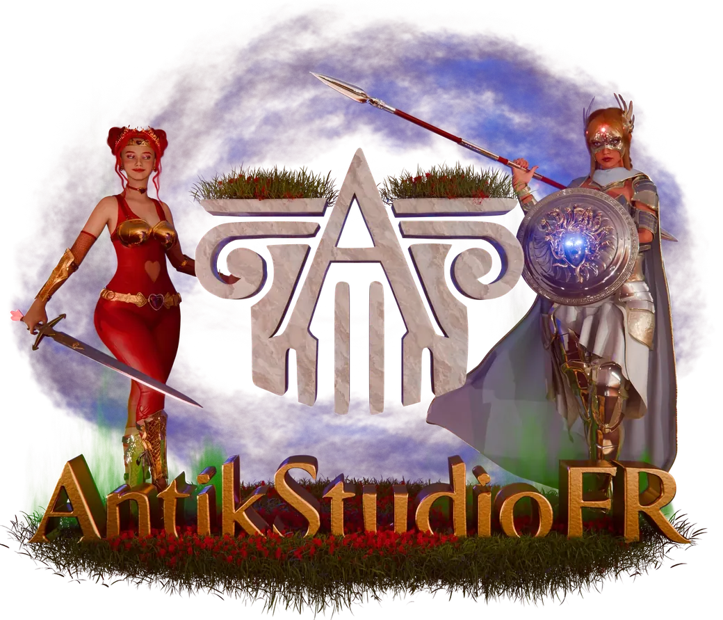 Antik Studio FR-Logo: die Lanze und der Ritter des Studios rahmen das Monogramm, die Signatur AntikStudioFR in Gold.